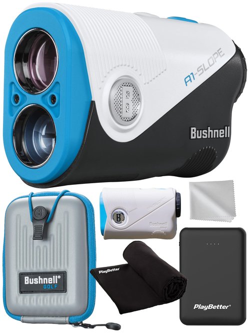 Bushnell A1-Slope Golf Laser Rangefinder Bundle - Ultra-Compact, 6X Magnification, BITE Magnetic Skin, PinSeeker with JOLT with PlayBetter Portable Charger & Microfiber Towel