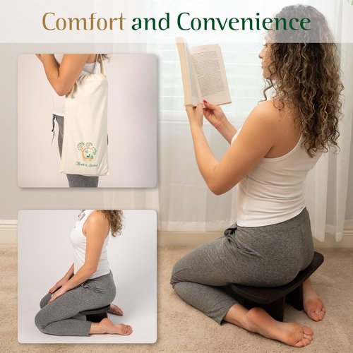 MONK & LLAMA Meditation Bench Standard - Kneeling Bamboo Bench with Foldable Legs & Cushion — Perfect Kneeling Stool Ergonomic Bamboo Yoga Bench for Extended Practice - Includes Carrying Bag