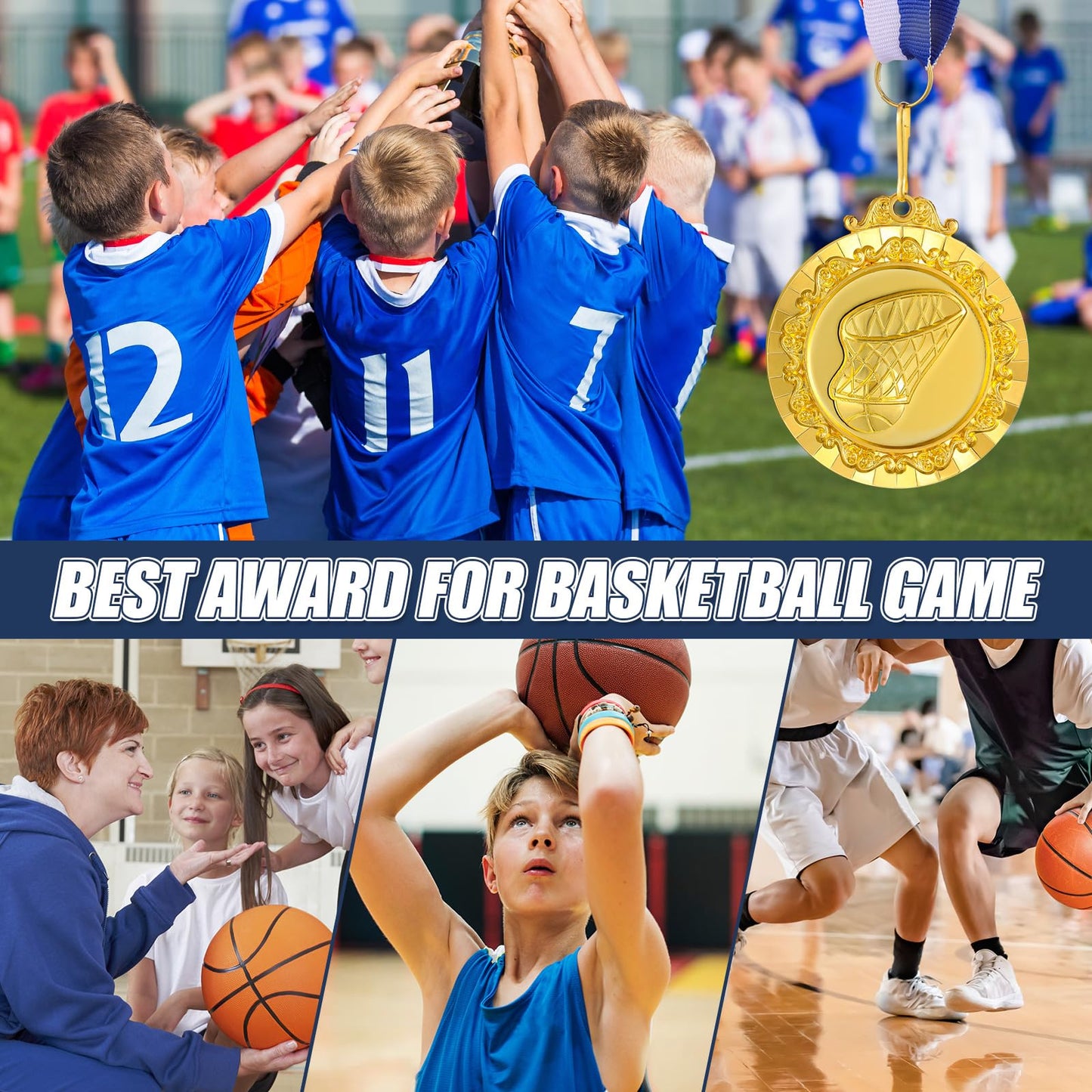 Misdary 36 Pcs Basketball Medals for Kids 2'' Gold Sports Awards Basketball Team Medals Bulk Trophy with Red White Blue Stripes Ribbon for Kids Sports Party Winner Gifts