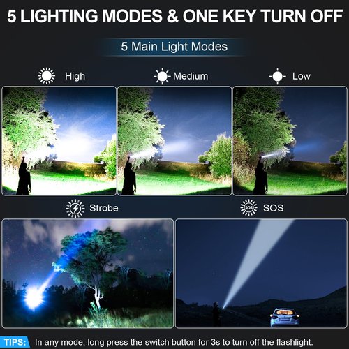 Rechargeable Tactical Flashlights High Lumens - Super Bright LED Powerful Flash Light, Waterproof Handheld USB C Flashlight for Camping,Emergencies,Home,5 Modes,Zoomable (1, Black)