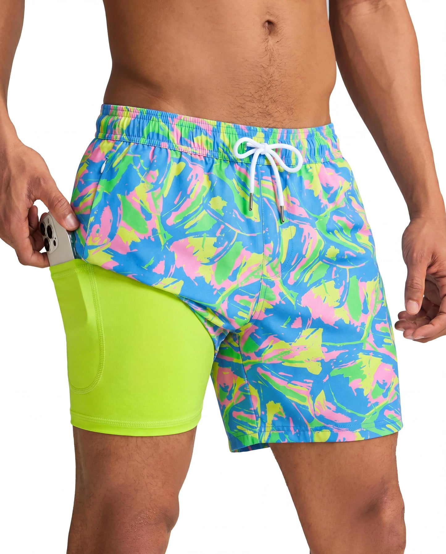 maamgic Mens Swim Trunks with Compression Liner 5 Inch, Quick Dry Bathing Suit with Zipper Pockets, Stretch No-Chafing Swim Shorts, Blue-Color Painting XX-Large