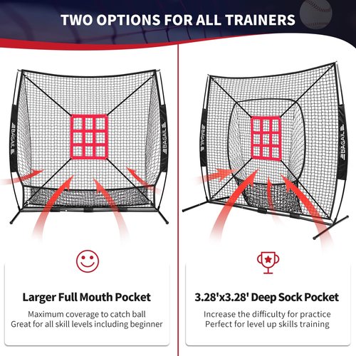 BAGAIL 7x7 ft Baseball & Softball Practice Net with Bow Frame for Batting, Hitting, Pitching, Portable Baseball Throwing Net with 2 Strike Zone Batting Tee, Carry Bag, Great for All Levels