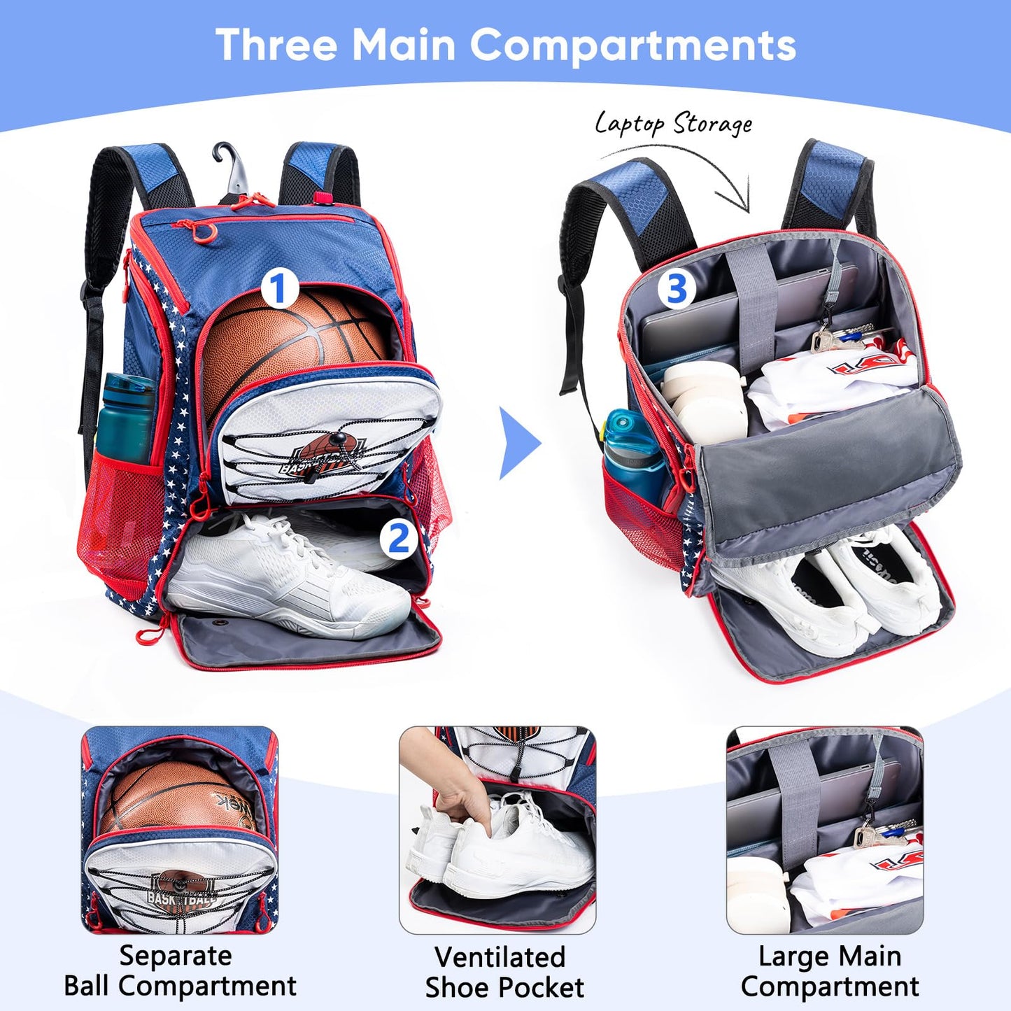 VIGEGARI Basketball Bag Backpack with Ball Compartment & Shoe Pocket – Gym Bag for Basketball, Soccer, Football, Volleyball – Large Capacity Athletic Backpack for Youth & Adults, Basketball Gifts