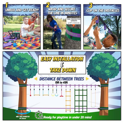 Ninja Warrior Obstacle Course for Kids Workout Equipment, 2 x 55ft Slacklines with 10 Weatherproof & Durable Ninja Kids Toys - Ninja Course for Kids Outside , Kids Obstacle Course Backyard