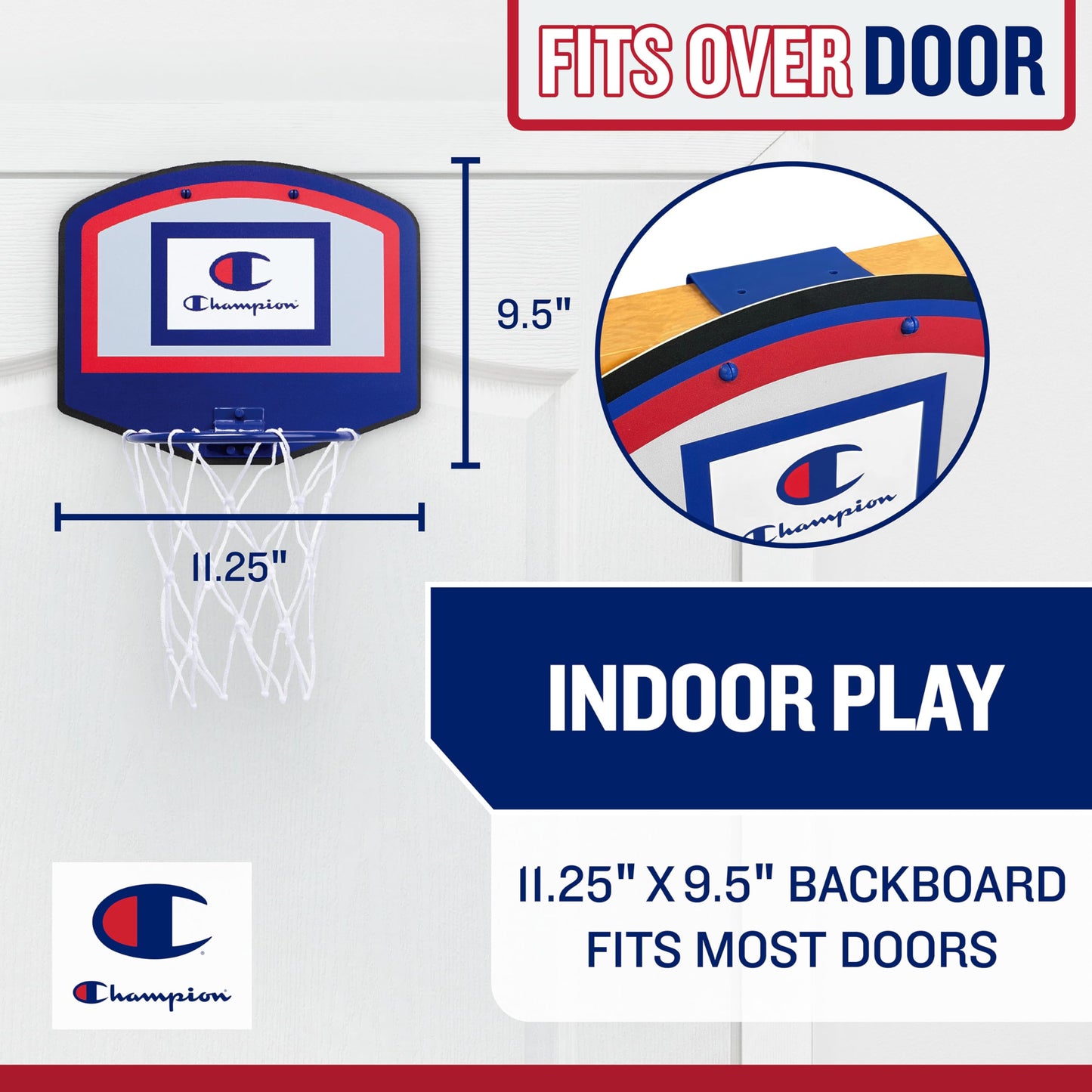 Champion 360 Mini Basketball Hoop Set (Red/White/Blue), Over-the-Door 10.5" x 8.5" Backboard with Spring-Loaded Foldable Rim & Nylon Net, Includes 3.5" Mini Ball for Quick Indoor Basketball Play