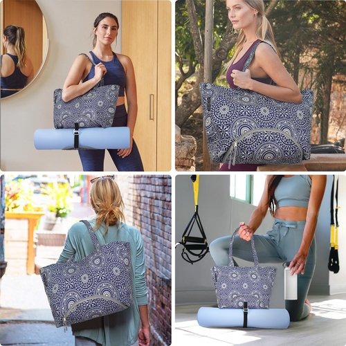 Explore Land Yoga Bags for Women with Large Pocket Pilates Tote Bag for Gym Beach Workout - Fits Water Bottles and All Size Mats(Blue)