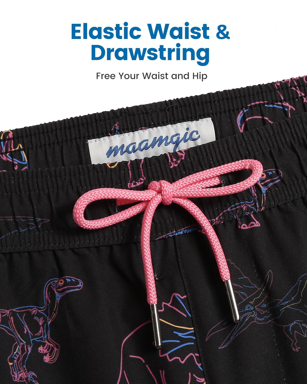 maamgic Mens Swim Trunks with Compression Liner 5 Inch, Quick Dry Bathing Suit with Zipper Pockets, Stretch No-Chafing Swim Shorts, Black-Pink Dinosaur X-Small