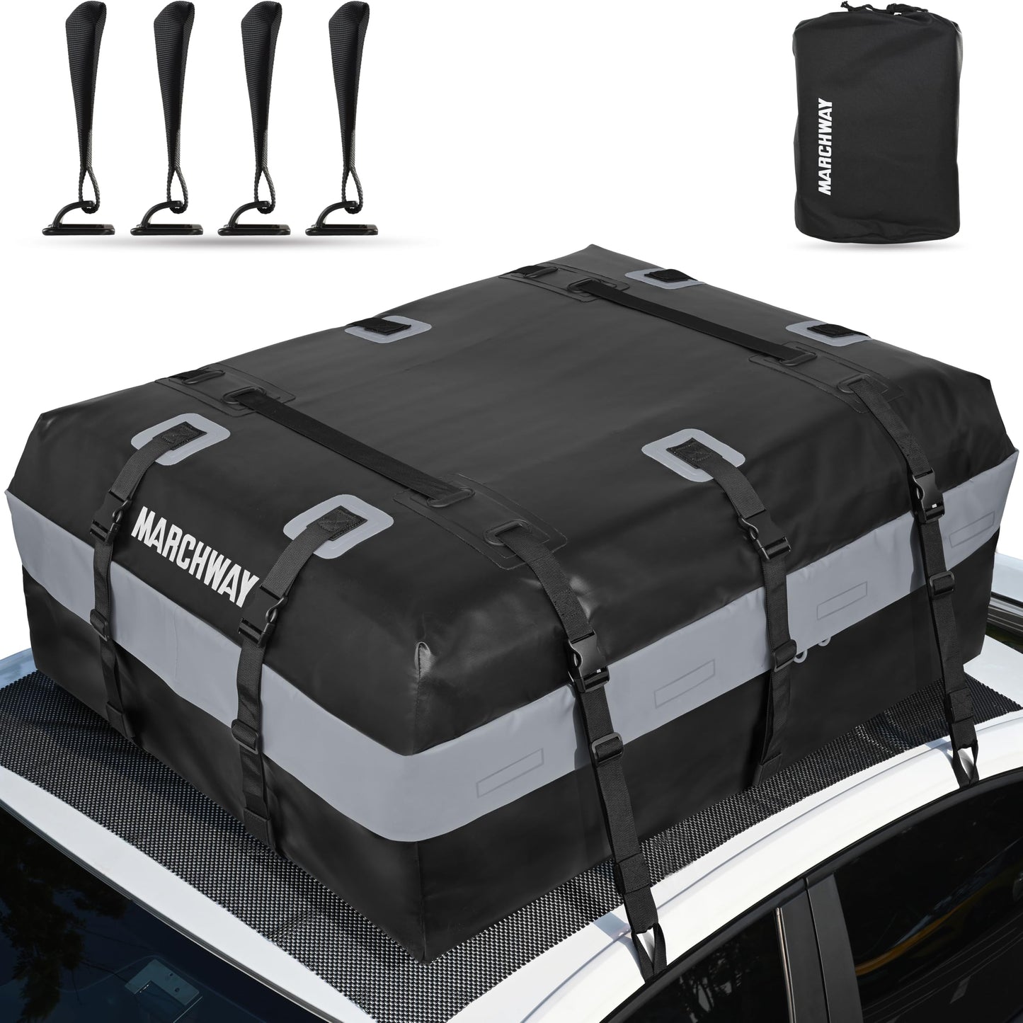 MARCHWAY Waterproof Car Roof Luggage Bag, Weatherproof Soft Shell Rooftop Cargo Carrier Bag for Vehicles with or Without Rack. 6 Door Hooks, Anti Slip Mat, Lock Included (21 Cubic Feet, Black)