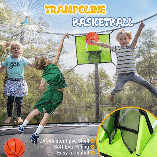 Trampoline Accessories Kit Kids, Trampolin Sprinkler/Basketball Hoop/50FT Solar Lights, Fits 8 10 12 14 15 16FT Trampoline Outdoor with 3 Mini Basketballs, Non-Damaging to Net, Features 8 Light Modes
