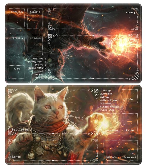 Playmat for MTG with Zones (2 Pack), Card Game Mat Non-Slip Rubber Base and Stitched, 24 x 14 inch TCG Play Mat for MTG and Other Card Games, Magic Cat