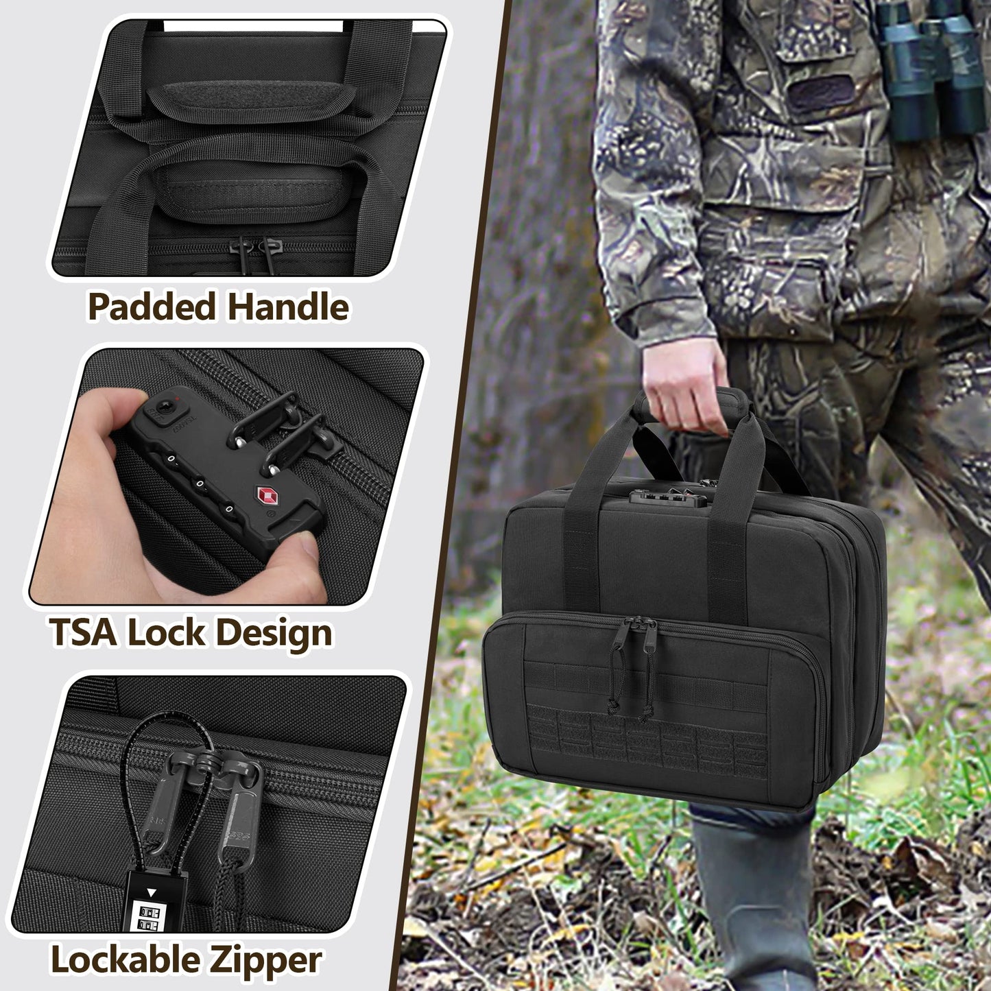 GOBUROS Tactical Gun Range Bag for 4 Handguns and Ammo, Pistol Duffle Bag with TSA Lock and 14x Magazine Slots for Hunting Shooting Range Sport