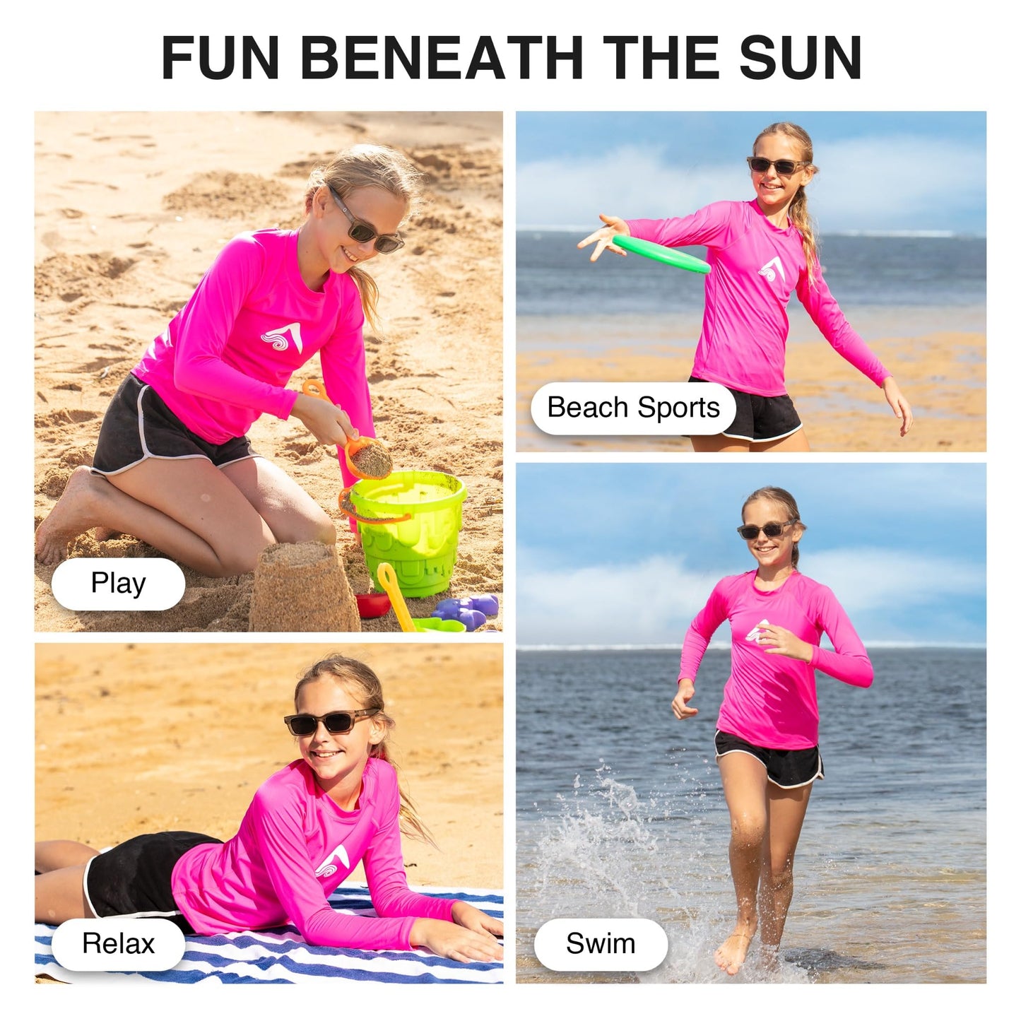 Kanu Surf Girl's Keri UPF 50+ Long Sleeve Rashguard, Neon Pink, Small (8)