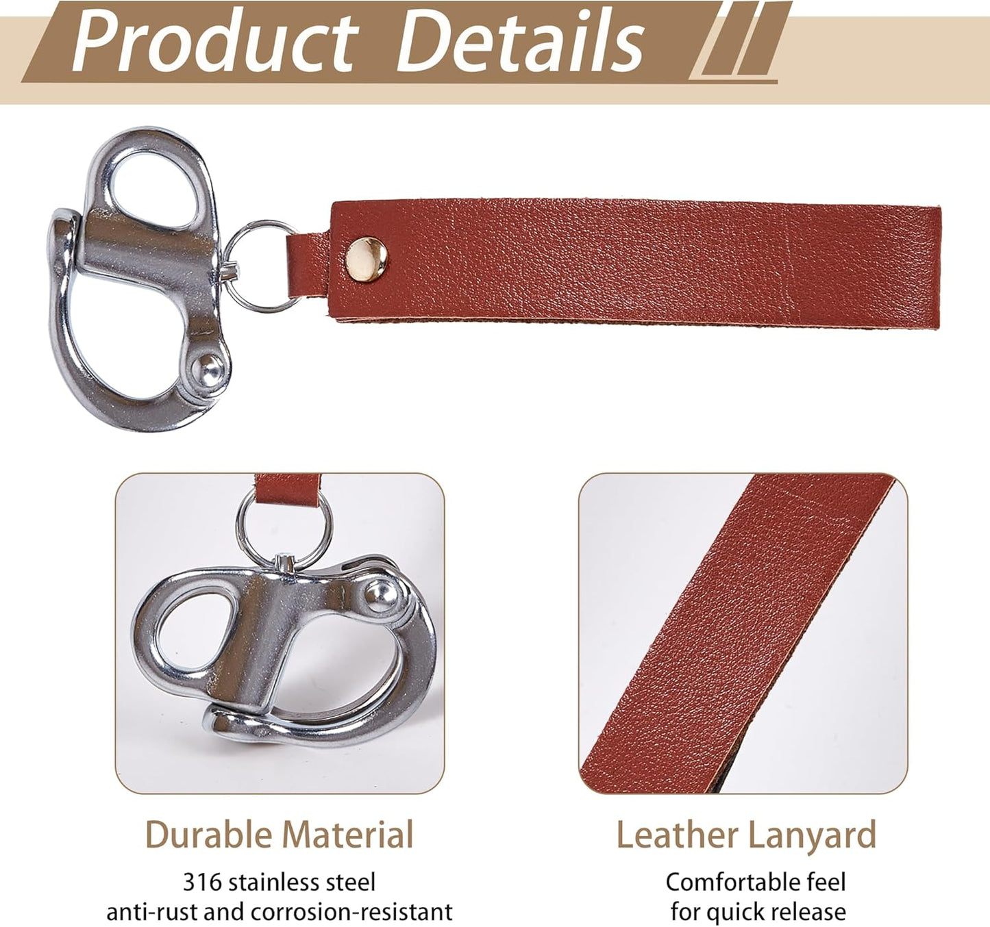 2 Pcs Firefighter Quick Release Shackle with Leather Handle, 316 Marine-Grade Stainless Steel Quick Release Clip, Fixed Snap Shackle Lanyard for SCBA Mask, Sailing Rigging Shackle, Boat Buckle