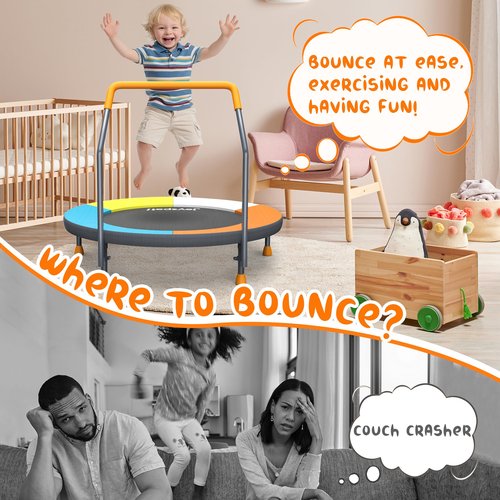 3FT Foldable Trampoline for Kids - 36” Mini Small Trampoline with Handle Bar, Indoor Outdoor Fun, Height-Adjustable, Max Load 100LBS, Perfect Toddler Baby Jumping Mat for Fitness & Recreation