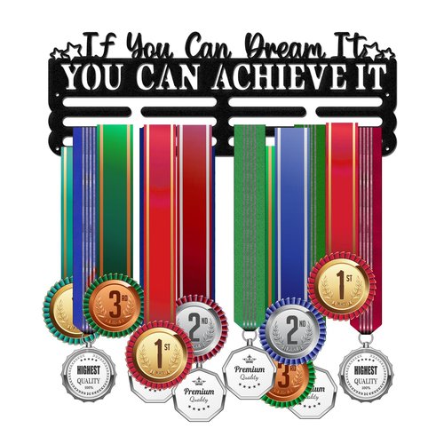 ORIGACH Motivational Saying Medal Hanger Display, If You Can Dream It You Can Achieve It Multiple Racing Wall Medal Holder Sports Medal Lanyard Ribbon Display Rack, 15.75 x 6 Inch