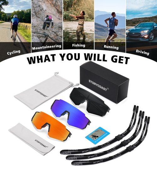 STORYCOAST Sports Running Sunglasses for Men Women Cycling Driving Fishing Bike Sunglasses Polarized UV400 Protection 3Pack Matte Black/Gray+ Black/Red+ Black/Dark Blue
