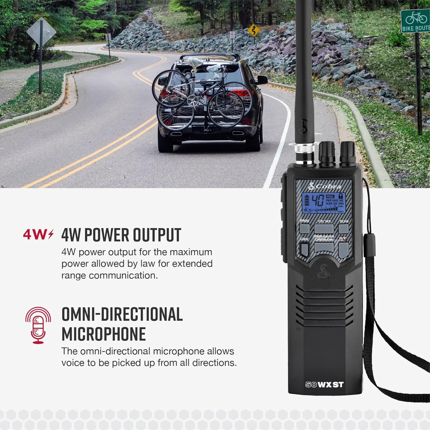 Cobra HHRT50 Road Trip CB Radio - 2-Way Handheld Emergency Radio with Access to Full 40 Channels & NOAA Alerts, Rooftop Magnet Mount Antenna and Omni-Directional Microphone, Black, 6.3" x 2" x 1.75"