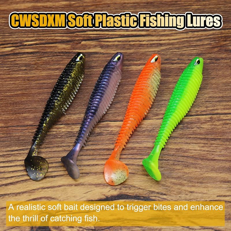 CWSDXM 3D Eyes Paddle Tail Swimbaits, 3in Soft Plastic Lures - Black, 20 PCS