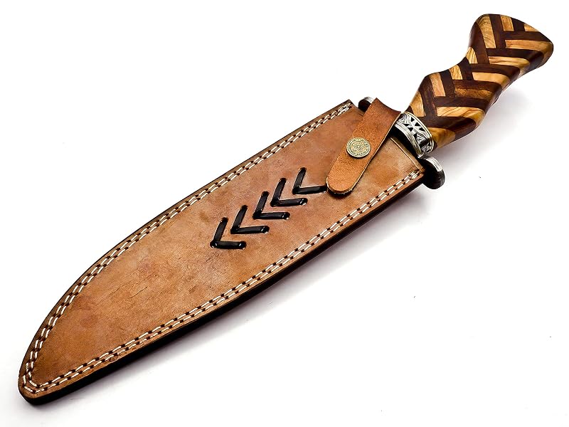 Damascus Fixed Blade Hunting Knife with Rosewood Handle & Leather Sheath – 15in Overall