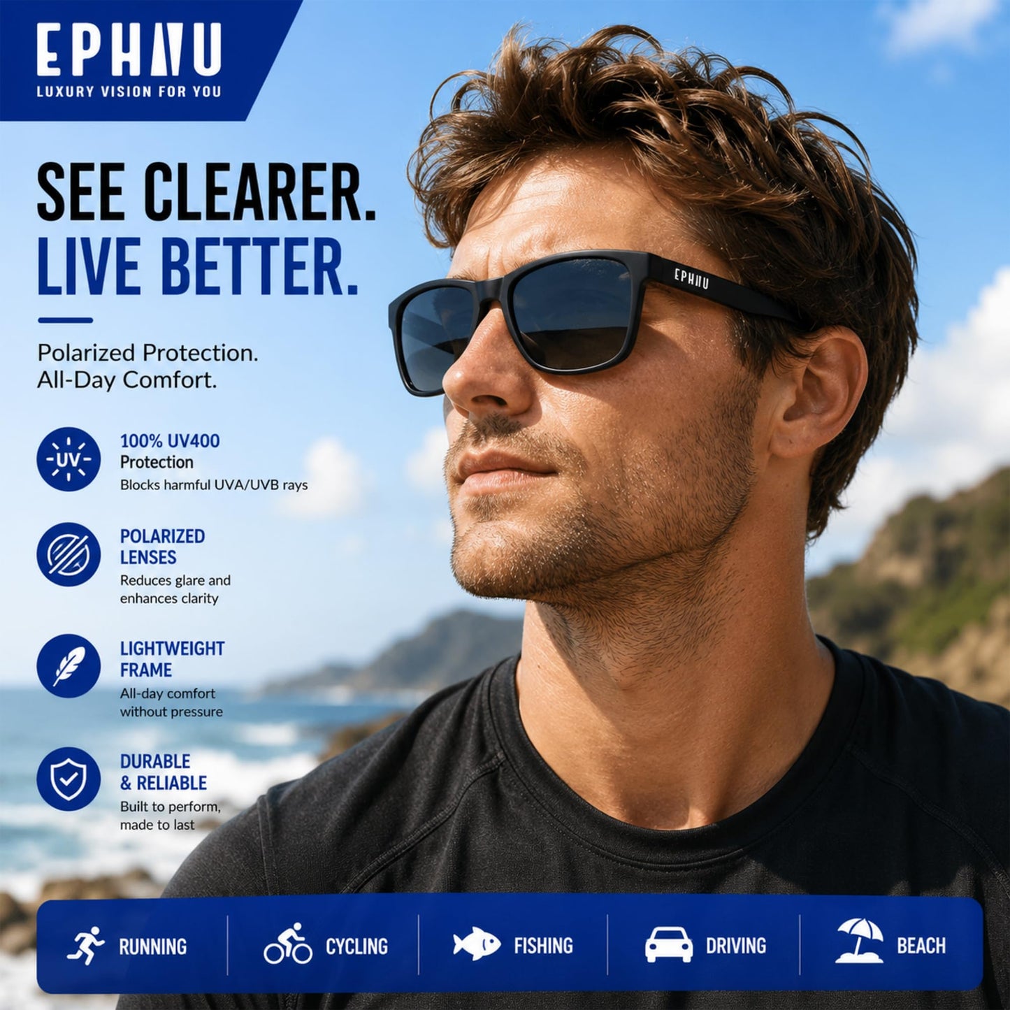 EPHIU Polarized Sports Sunglasses for Men Women Mirror Lens - Lightweight UV400 Running Sunglasses No Bounce No Slip for Hiking Cycling, Black/Grey