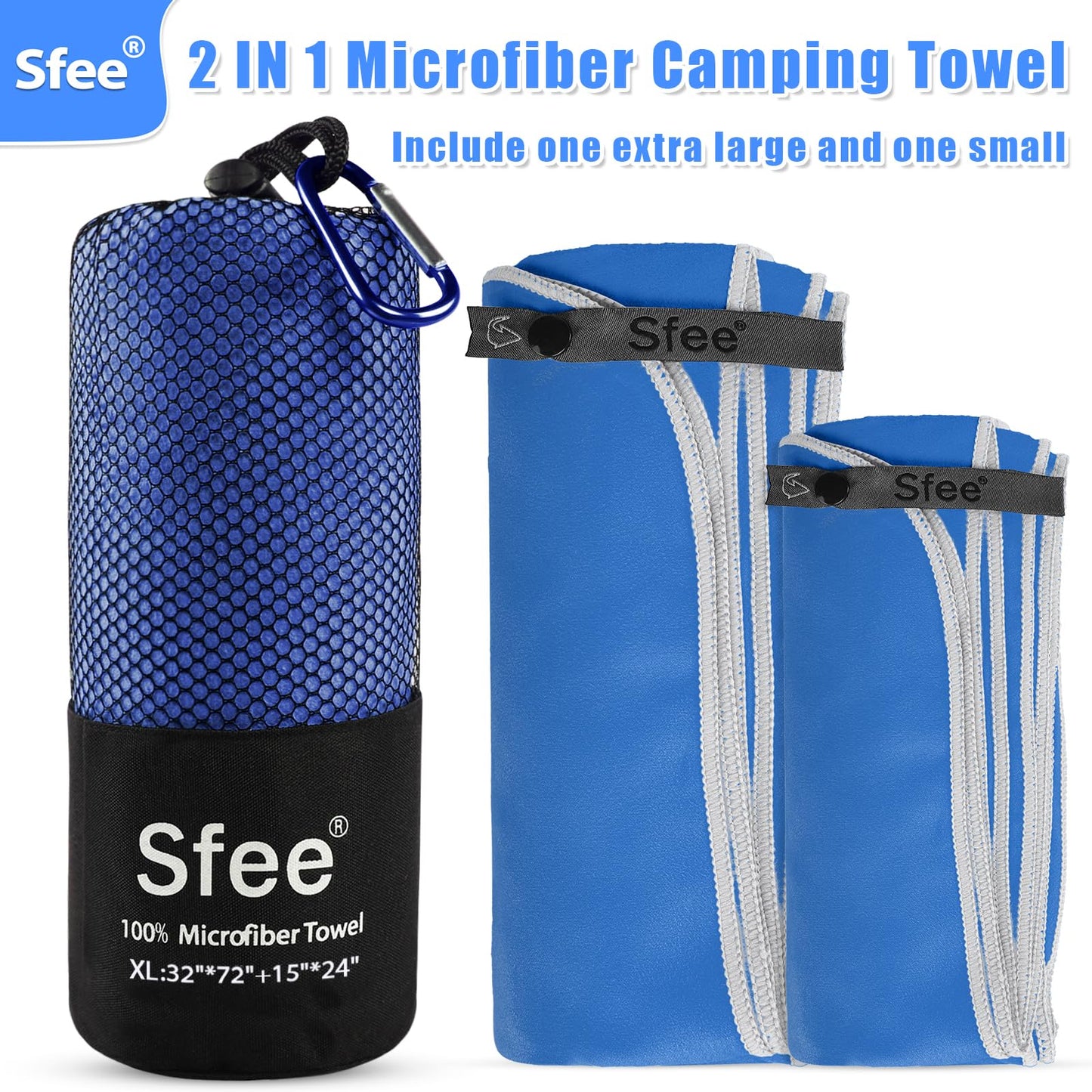 Sfee 2 Pack Microfiber Travel Towel, Quick Dry Camping Towel Large Beach Towel Super Absorbent Compact Lightweight Sports Gym Towels Set for Beach, Gym, Hiking, Pool, Backpacking,Bath,Yoga
