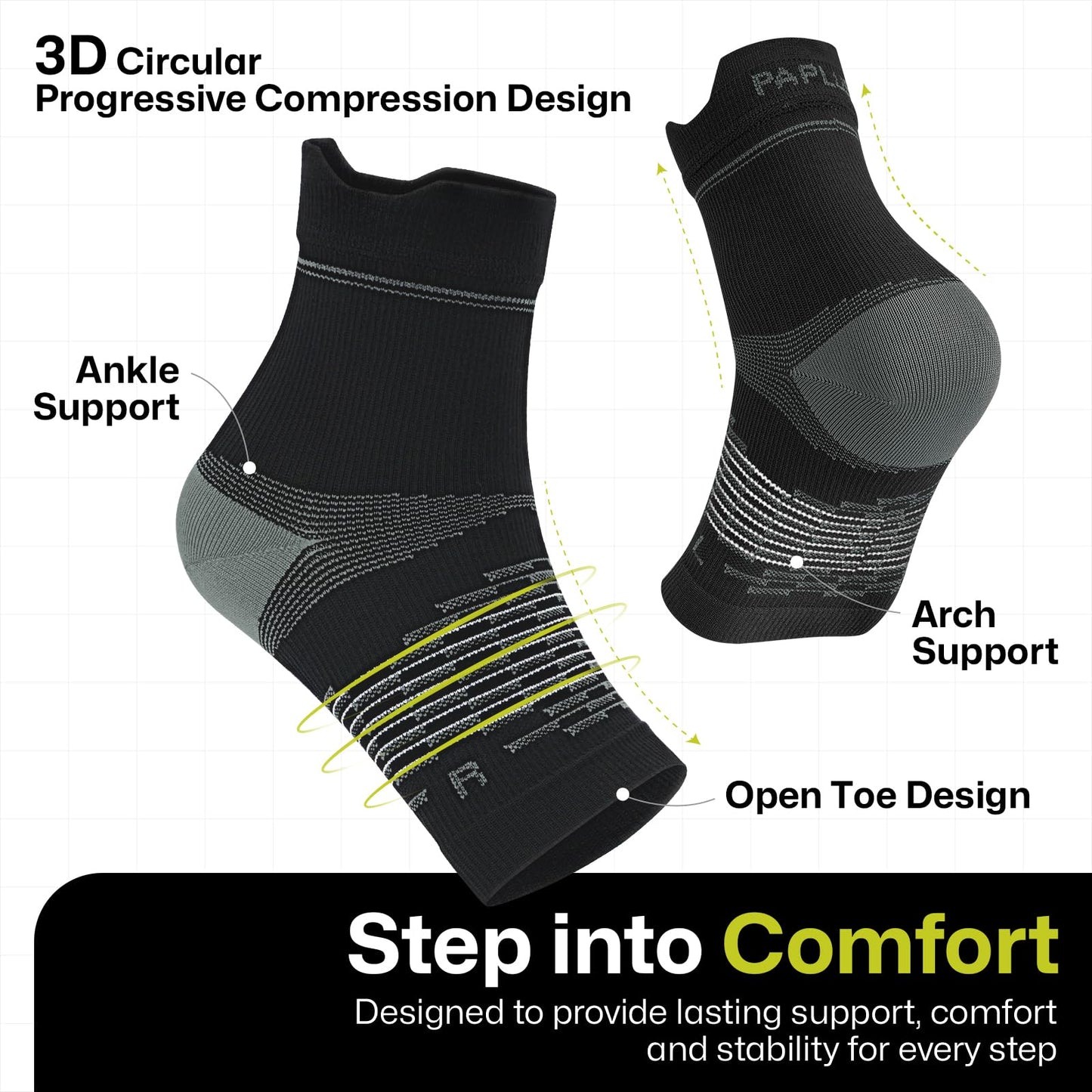 PAPLUS 3 Pairs Plantar Fasciitis Socks Women & Men - Ankle Compression Sleeve for Sprained Ankle, Heel Spur & Arch Support - Foot Brace for Achilles Tendonitis Relief, Arthritis Pain