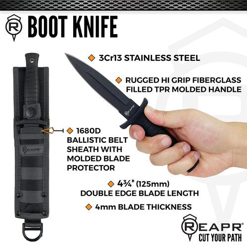 Reapr Boot Knife – 4.75″ Double-Edge 420 Stainless Knife with Black Oxide, Hi-Grip Fiberglass Handle & Nylon Sheath