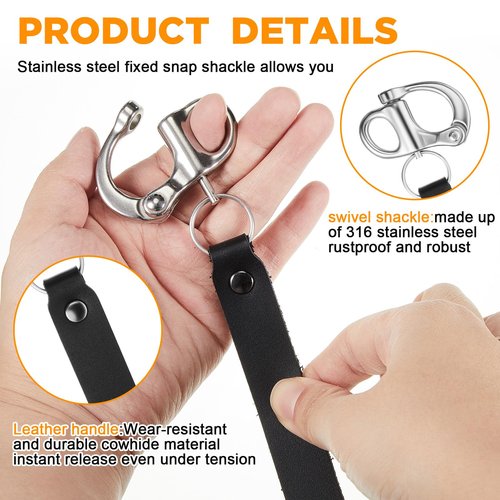 Reallnaive 2 Pcs Firefighter Quick Release Shackle with Leather Handle for SCBA Mask Quick Release Clip Firefighter Tools Accessories Marine Grade 316 Stainless Steel Snap Shackle for Rigging, Black