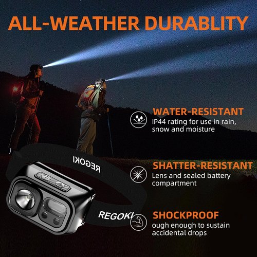 REGOKI LED Headlamp Rechargeable - Super Bright Head Lamp with 9 Modes for Camping & Hiking Gear Essentials, IP44 Waterproof Headlight Flashlight with Red Light, USB Cable Included