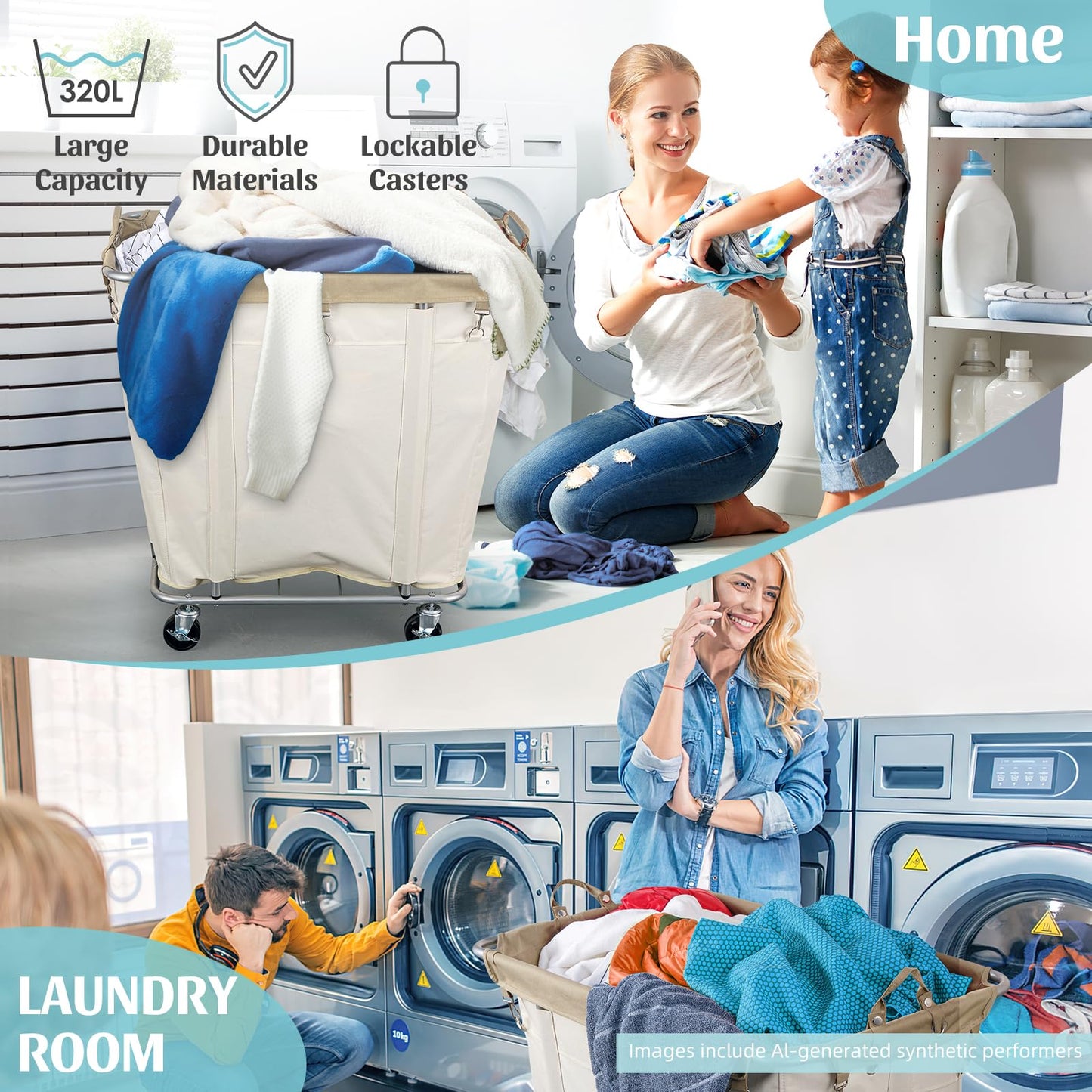 PLKOW Laundry Cart with Wheels 320L Large Rolling Laundry Cart for Commercial/Home, Rolling Laundry Basket with Steel Frame and Waterproof Lining, 9 Bushel, 32.3L x 19.7W x 30.7H Inch, Beige