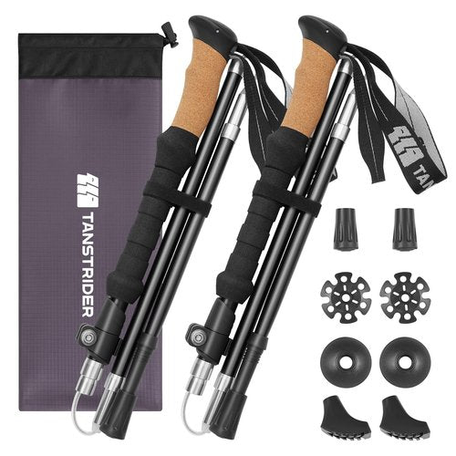 Collapsible Hiking Poles Folding Trekking Poles Walking Stick Lightweight Aluminum Hiking Gear with Metal Quick Lock,Cork Handle,Adjustable 2 PC Stick for Seniors Women Men