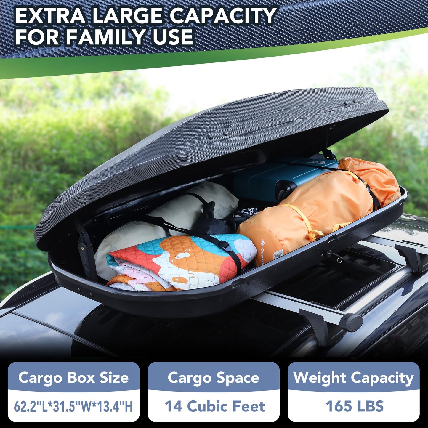 Garvee Rooftop Cargo Box Carrier 390L, Hard Shell Roof Box for Roof Rack, 14 Cu Ft Luggage Storage with Secure Straps&Keys, Weather-Resistant Roof Rack Cargo Box