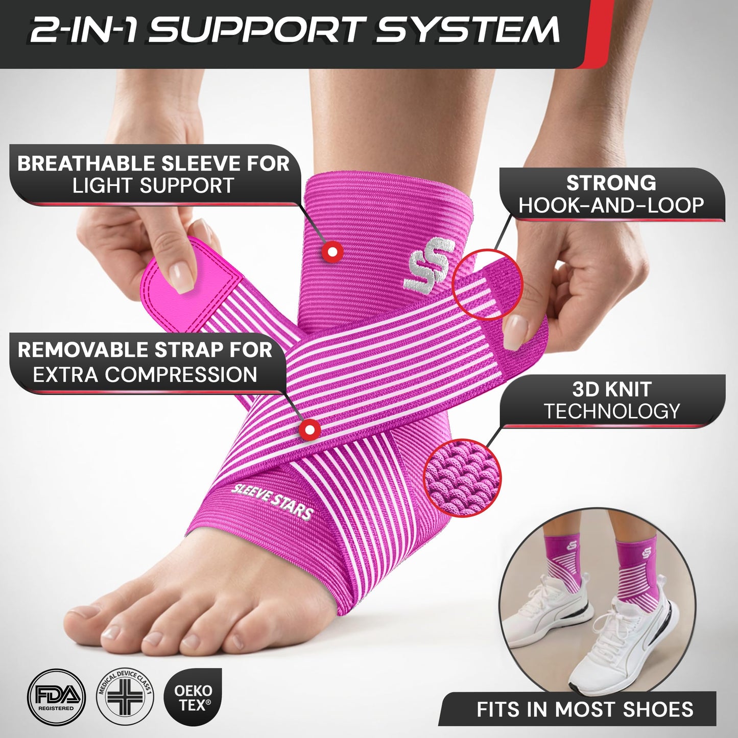 Sleeve Stars Ankle Brace for Women & Men, Ankle Wrap for Sprained Ankle, Compression Sleeve for Plantar Fasciitis Relief, Easy Customizable Support: w/Removable Strap (Single/S:9"-10"/Hot Pink)