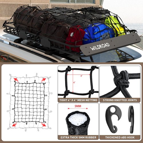 WILDROAD Car Roof Cargo Carrier Combo of Upgraded 64"x 39"x 4" Roof Rack Cargo Basket, Super Duty Bungee Cargo Net. Universal Car Top Luggage Holder Carrier Basket Fits for SUV Truck Cars