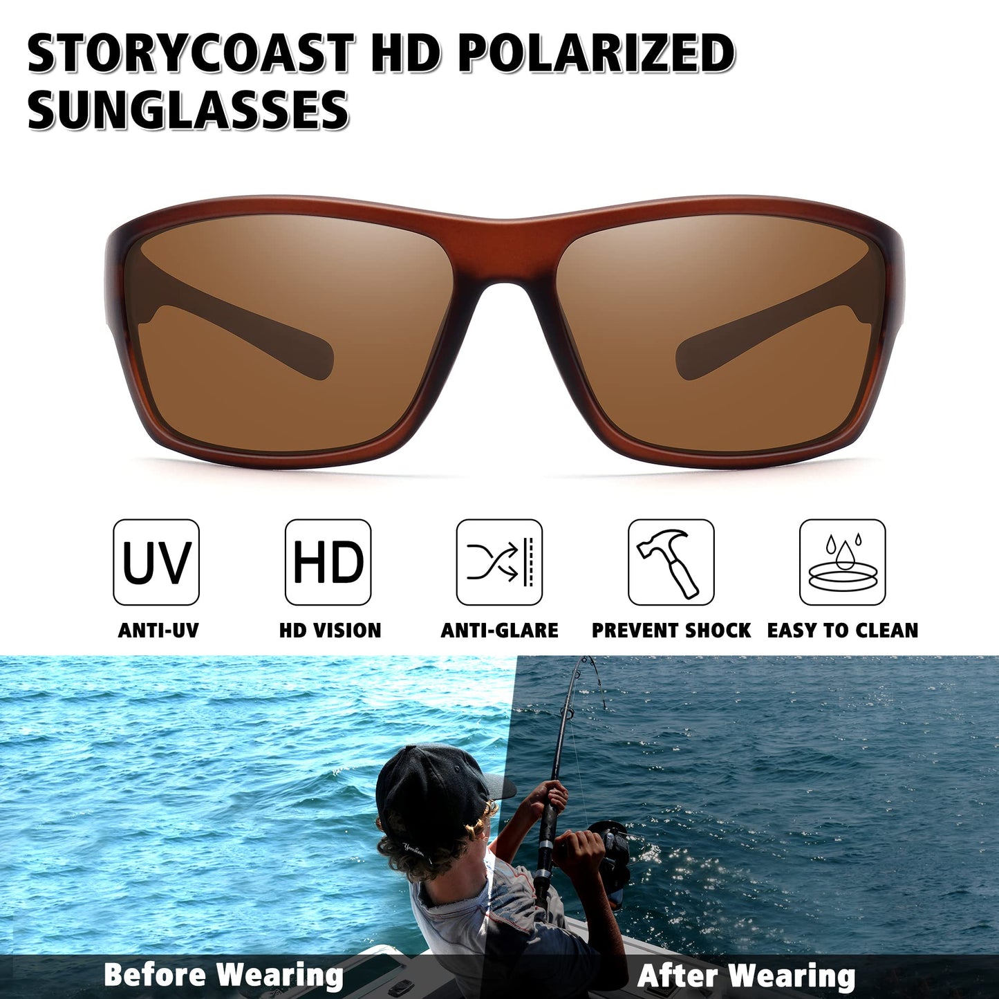 STORYCOAST Polarized Sports Sunglasses for Men Women Unbreakable Frame Cycling Fishing Driving 2Pack Black+Brown
