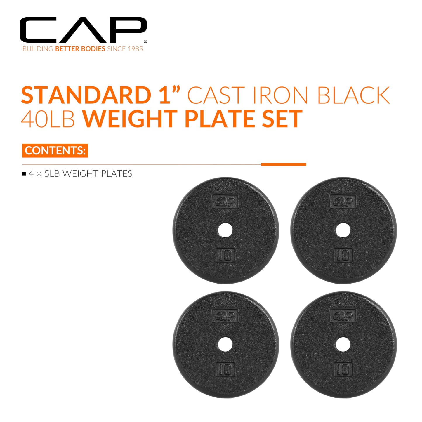 CAP Barbell Cast Iron Standard 1-Inch Weight Plate Set – Barbell Weights for Home Gym, Strength Training, and Weightlifting, 10 lb Set of 4, Black