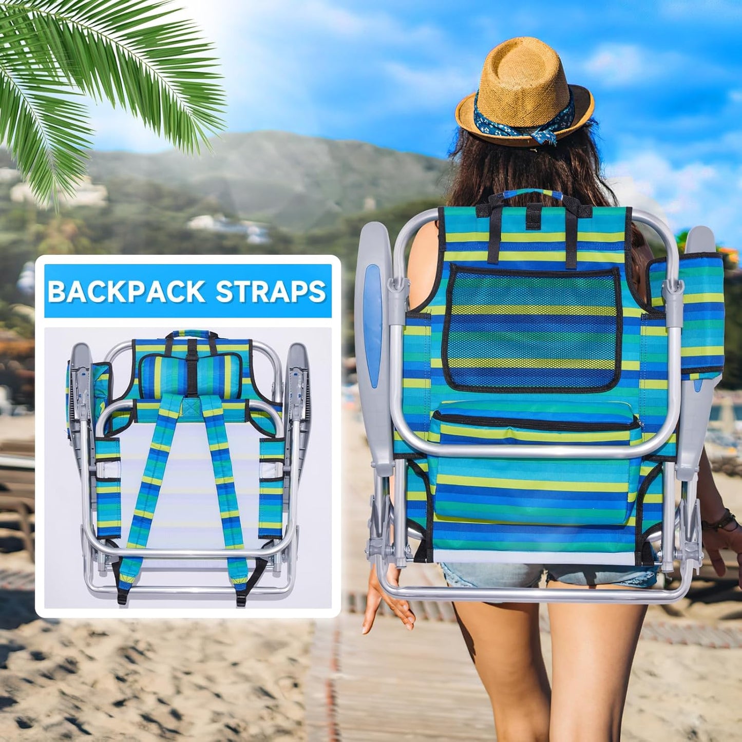 2 Pack Lightweight Portable Camping Beach Chair for Adults, Outdoor Lay Flat Folding Beach Chairs with 5 Positions, Backpack Beach Chair with Towel Bar, Zipper Pouch, Cup Holder, Ocean Striped