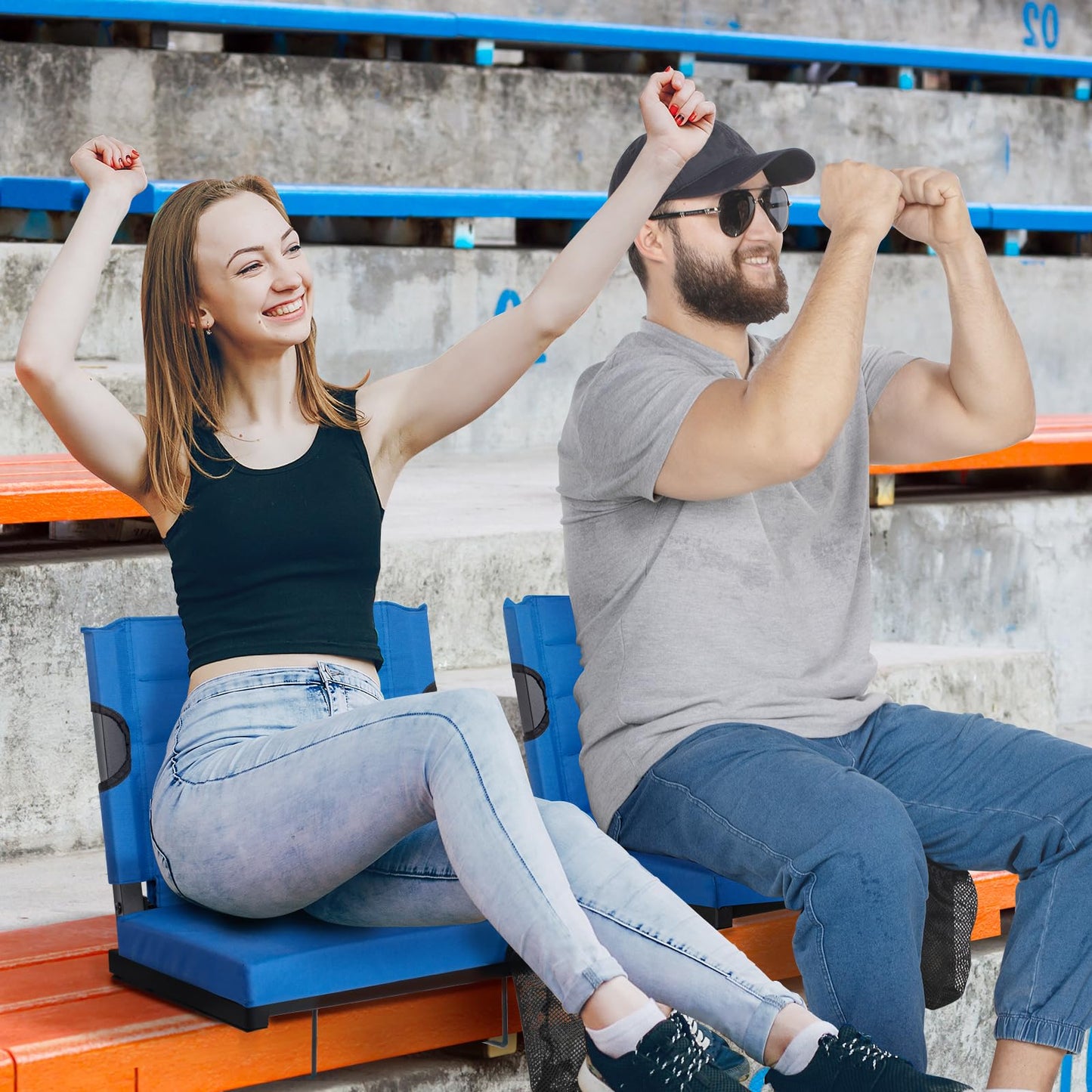 LOENIY 2 Pack Stadium Seats for Bleachers with Back Support, Bleacher Seats with Backs and Extra Thick Padded Cushion, Includes Shoulder Straps Carry Handle, and Cup Holder Side Pockets (Blue)