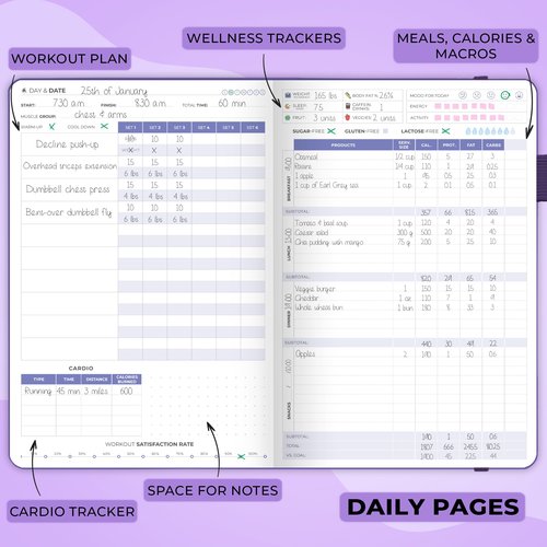 Clever Fox Fitness & Food Journal – Nutrition & Workout Planner for Women & Men – Diet & Gym Exercise Log Book with Calendars, Diet & Training Trackers - Undated, A5 Size, Hardcover (Purple)