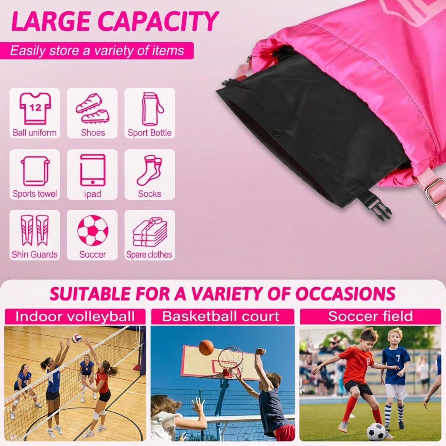PP PICADOR Soccer Ball Bags, Drawstring Basketball Backpack for Sport Training with Ball Shoe Dry and Wet Compartments(Pink)