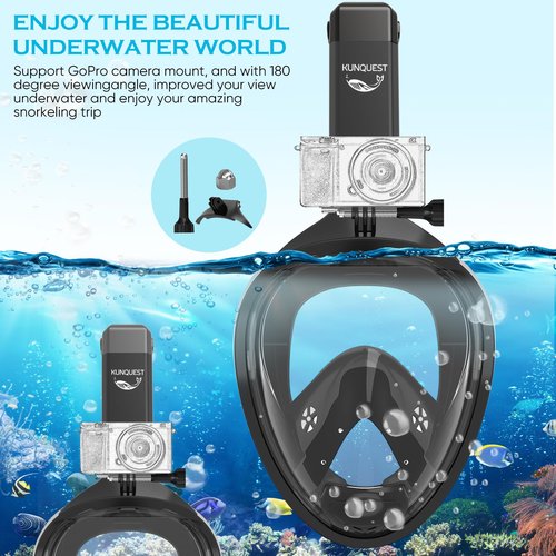 KUNQUEST Full Face Snorkel Mask, Snorkeling Gear for Adults with 180° Anti-Fog HD View and Detachable Camera Mount, Anti-Leak Snorkel Mask Adult Youth(Black, L/XL)