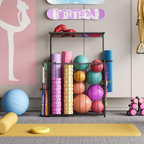 Sports Equipment Organizer, Big Garage Storage Ball Rack with Elastic Straps and 3 Hooks, Outdoor Toy Organizer Stand, Garage organization Storage Rack for Basketball, Football, Soccer, Volleyball