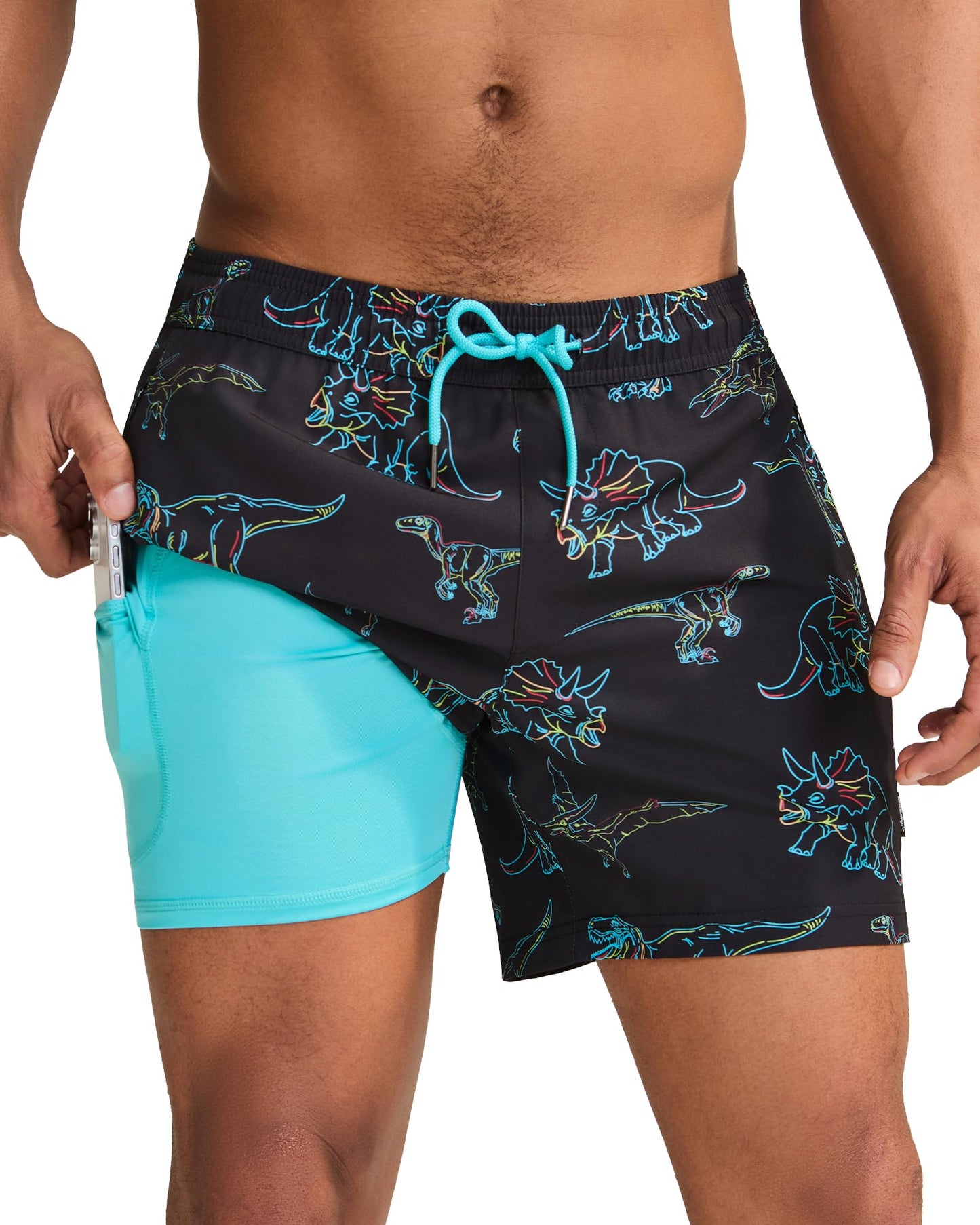 maamgic Mens Swim Trunks with Compression Liner 5 Inch, Quick Dry Bathing Suit with Zipper Pockets, Stretch No-Chafing Swim Shorts, Black-Colorful Dinosaur Large