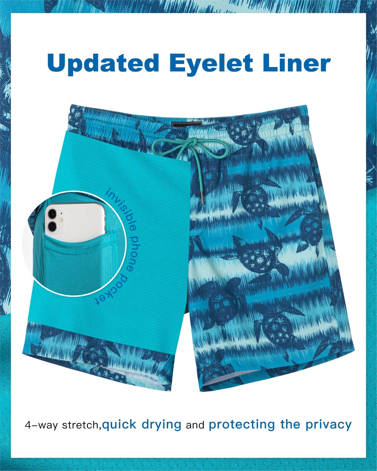 SURF CUZ Mens Swim Trunks with Compression Liner Quick Dry Swim Shorts 7" Swimming Trunks Stretch Bathing Suit Zipper Pockets,Turtle Tide,L