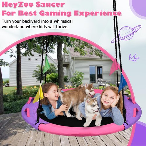 HeyZoo Tree Swing, 43 Inch Saucer Swing Sets for Kids, Come with 360 Degree Swivel and Adjustable Hanging Strap, Pink and Purple