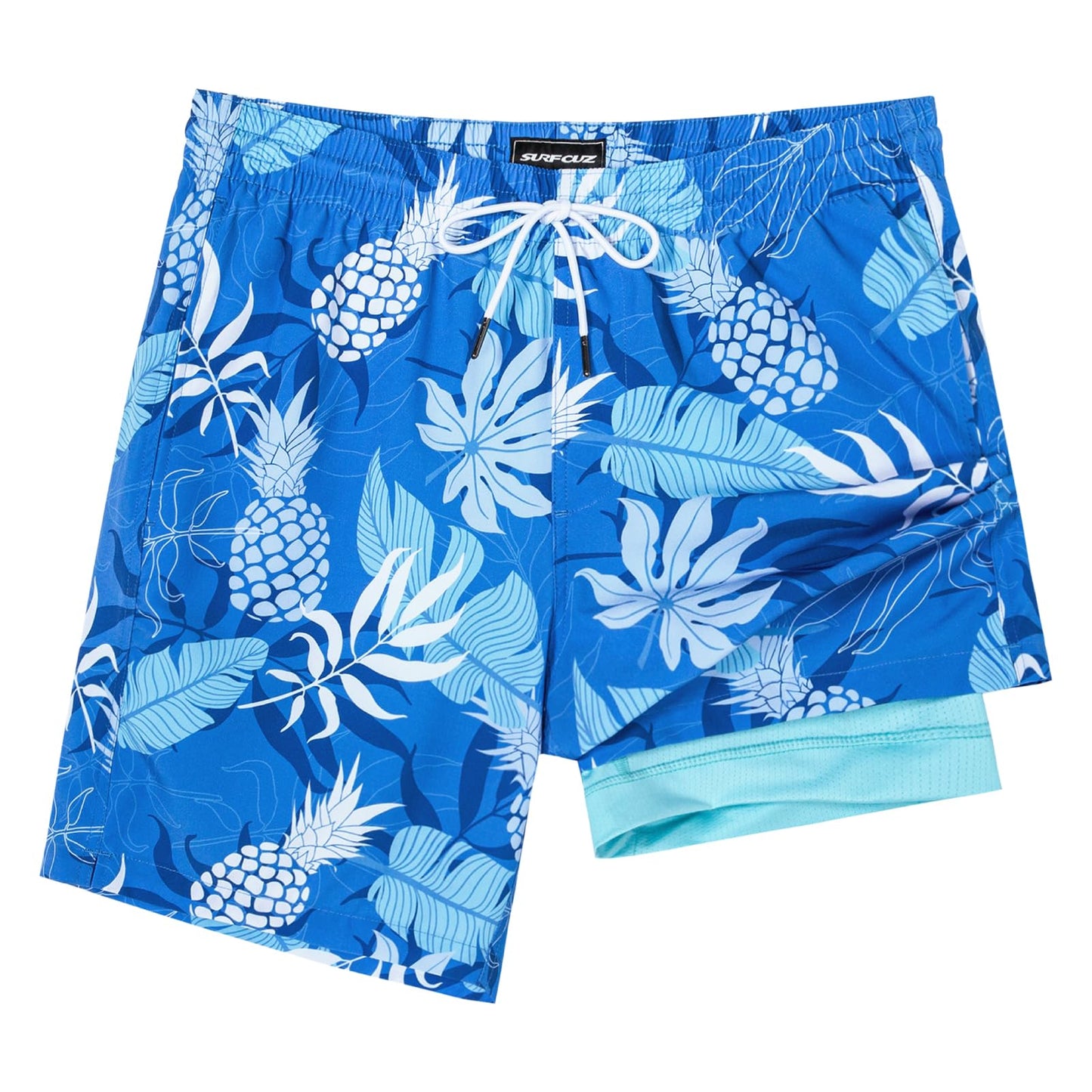 SURF CUZ Mens Swim Trunks with Compression Liner Swim Shorts 7" Swimming Trunks Stretch 7 Inch Swim Suits Quick Dry,Blue Summer,XL
