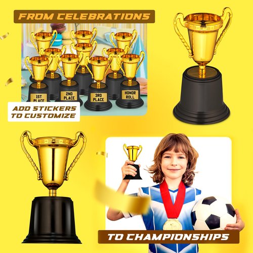 Gold Trophy Award Cups - Pack Of 12 Bulk 5 Inch Plastic Gold Mini Trophies For Party Favors, Props, Rewards, Trophy Cup Competitions Winning Prizes For Kids Choice Awards And Trophies And Adults