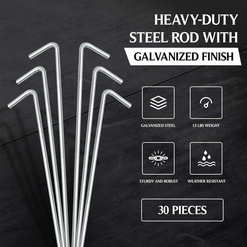 Tent Stakes For Outdoor Camping Heavy Duty Metal, Galvanized Rust-Free Yard Stakes, 10 Garden Edging Fence Hook | Garden Stakes For Gardening & Canopies, Tent Pegs - By Ram-Pro
