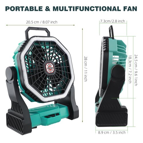 Roykaw Portable Fan for Travel, 10400 mAh Rechargeable Camping Fan, Cordless Battery Powered Fan with Led Light, with Handle, Hang Hook, Fishing, Green