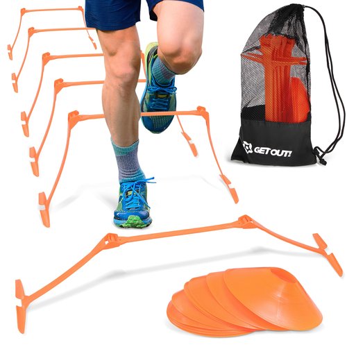 Get Out! Adjustable Hurdles and Cone Set - 6pc Agility Hurdles Training Equipment and 12pc Cones for Soccer and Football